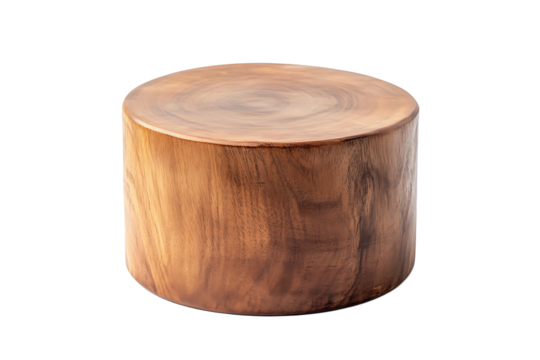 A single wooden stool with a cylindrical shape is displayed against a black background studio shot