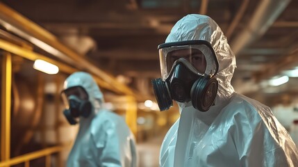 Workers in Protective Suits Wearing Masks