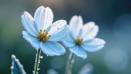 Delicate ice-encrusted nemophila blossoms, frost-covered petals , pattern, design