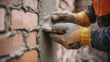 Obraz premium A construction worker applying mortar to a brick wall at a building site. Featuring skill and technique