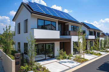 Modern two-story house in Tokyo with solar panels, black windows, and shared driveway. Aesthetic, clean exterior with trees and bushes.
