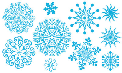 Vector collection christmas handwork blue vintage snowflakes isolated on transparent background