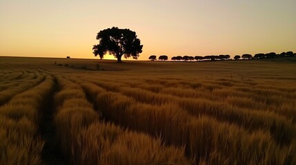 Golden wheat field twilight single oak tree silhouetted against gradient sky