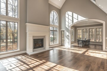 Fototapeta premium Luxury living room with vaulted ceiling, arched windows, white fireplace, grey walls, and dark wood floors