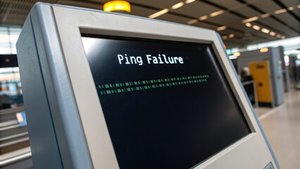 network error occurred, displaying ping failure on screen of digital kiosk in airport terminal, highlighting technology issues