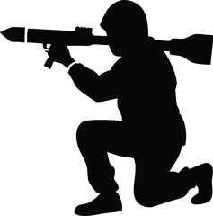 Obraz premium Silhouette Of Crouching Soldier Aiming Weaponry Shoulder Bazooka on Transparent Background