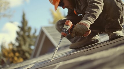 A construction worker applying sealant to a roof. Featuring attention to detail and expertise