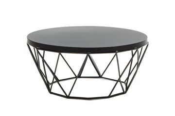 A modern black coffee table with geometric wire base and round gray top against black background