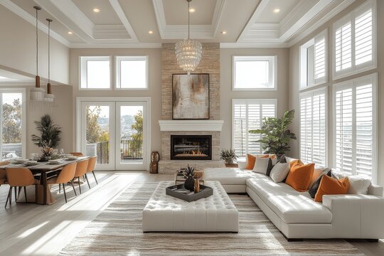 Spacious living room with coffered ceiling, stone fireplace, modern furniture, tall windows and natural lighting interior decor
