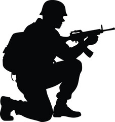 Naklejka premium Silhouette Soldier Kneeling Aiming Rifle with Backpack on Transparent Background