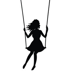 Silhouette Young Woman in Dress Swinging ,Hair Blowing, on Swing on Transparent
