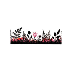 Obraz premium An artistic floral design featuring black silhouettes of leaves and flowers, accented by vibrant pink blooms, creating a striking visual contrast.