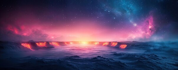 Obraz premium Landscape of alien planet inside a universe and fiction cosmos concept. Stunning cosmic landscape with vibrant colors and ocean waves.