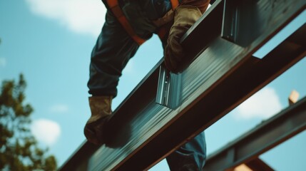 A construction worker assembling metal beams at a construction site. Featuring strength and coordination