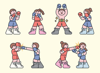 Cute boxing characters in action. Flat style illustration showing boxing match, punching scenes, and a champion moment. Sports and fitness concept.