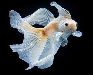 Fototapeta premium Graceful goldfish performing an elegant curve in its tank soft lighting highlighting its delicate fins