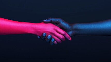 A vibrant handshake between two hands, one red and one black, symbolizing unity and diversity against a dark background.