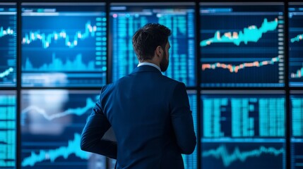 Fototapeta premium Financial Analyst Reviewing Market Data on Multiple Screens at Night