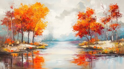 Autumn landscape with colorful orange and red foliage trees beside a calm river, reflections on the water, seasonal natural beauty