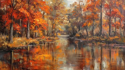 Autumn landscape with colorful orange and red foliage trees beside a calm river, reflections on the water, seasonal natural beauty