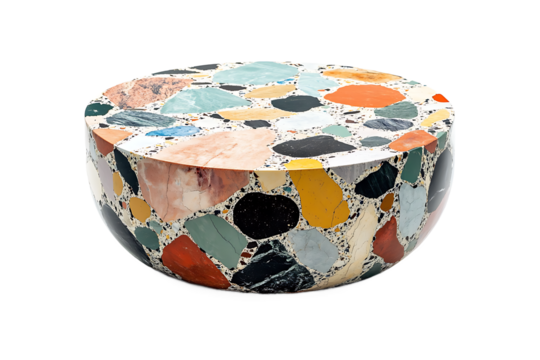 Close up of a round terrazzo table with colorful stone fragments on a white background surfacekayum12196@gmail.com