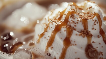 Creamy beverage topped with caramel drizzle and cocoa dusting