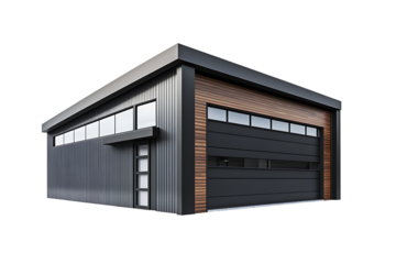 A modern garage with a black door and gray siding and small windows and a wood accent above the doorkayum12196@gmail.com