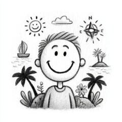 Happy Boy Dreaming of Tropical Vacation, Pencil Sketch Illustration