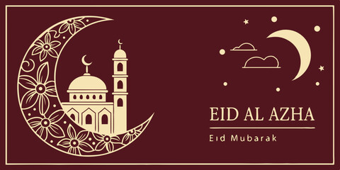 2025, Happy Eid Al Azha Mubarak gold greeting design - Islamic beautiful dark red background with moon and golden text  Islamic Typography for Muslim community vector illustration.
