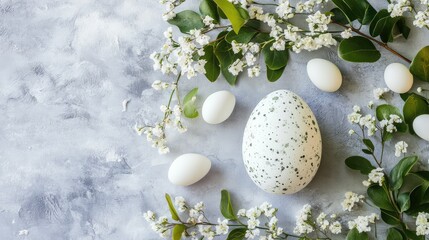 Fototapeta premium A delicate Easter egg surrounded by soft greenery and flowers, with open space for custom text or creative Easter messages