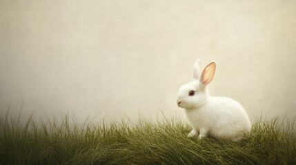 Obraz premium A fluffy Easter bunny with soft green grass and Easter eggs in the background, leaving plenty of copy space for custom text or festive greetings