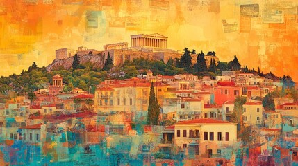 Obraz premium Colorful artistic view of Athens with the Acropolis in view