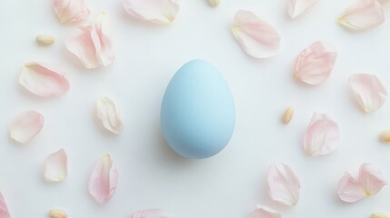 A soft pastel Easter egg surrounded by delicate flower petals on a white background, leaving room in the center for copy space