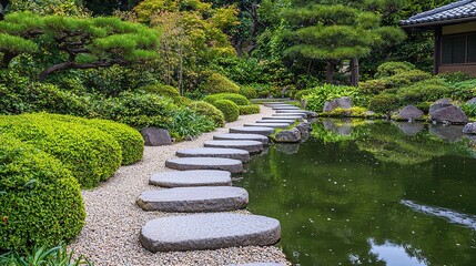 Elegant japanese garden design with curved pathways tranquil setting nature serenity