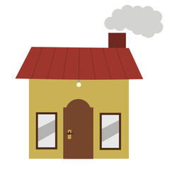Simple cartoon house with red roof, yellow wall, glowing bulb, and smoking chimney