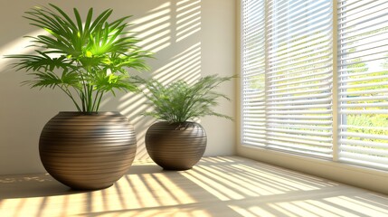 Potted Plants by Window with Sunlight Filtering Through Blinds