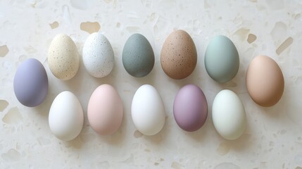 Colorful Easter eggs in a variety of pastel shades arranged on a light surface, leaving open space for custom messages or creative holiday designs