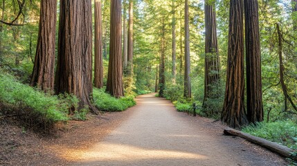 Obraz premium Empty trail in a national park with tall trees on both sides and golden light filtering through, peaceful walk in nature concept
