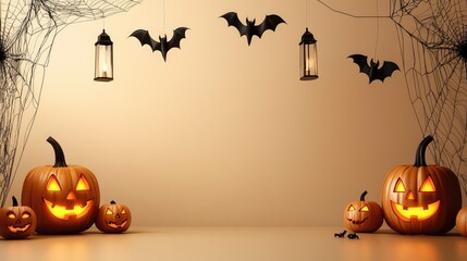 Festive Halloween setup with glowing jack-o'-lanterns, black bats, and fake spider webs hanging from above, surrounded by empty space for party-themed design