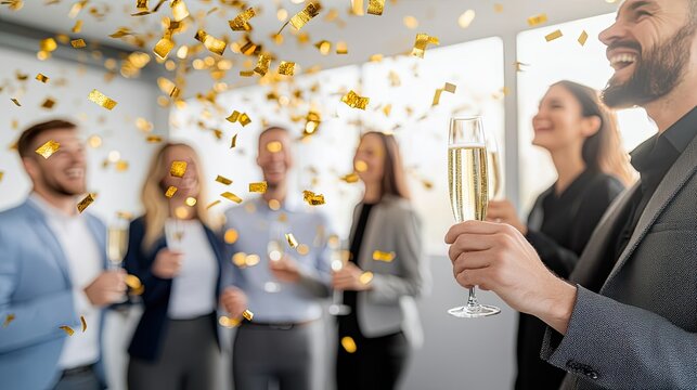 Celebratory office gathering with champagne toasts.