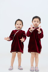 Playful cute twin little girls on white background