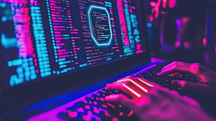 High-tech coding session in a dimly lit room.