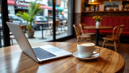 A bustling cafe setting with a bustling cafe setting with a compact laptop, a frothy cappuccino, and a cozy nook for those who thrive on the buzz of background noise while working remotely.