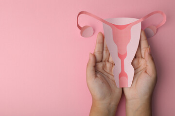 Uterus Paper Cutout On Palm Hands Isolated On Pink Background.