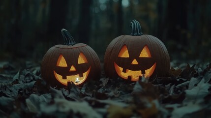 Fototapeta premium Jack-o'-lanterns glowing in the dark surrounded by dried leaves, with the background left empty for adding spooky-themed text or graphics