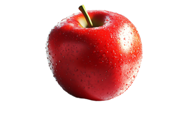 Close up of a shiny red apple with water droplets and a green stem on a black background image