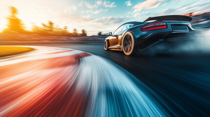 A dynamic and high-speed scene of a race driver and their race car accelerating on an asphalt race track.