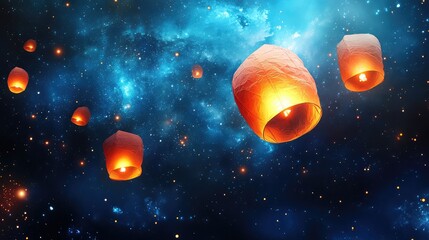 Nighttime sky filled with floating paper lanterns ascending slowly, magical celebration moment with space