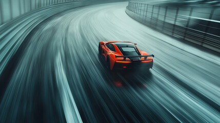 supercar speeding on slippery curved road.