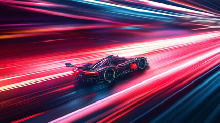 sports car racing with neon speed trails.